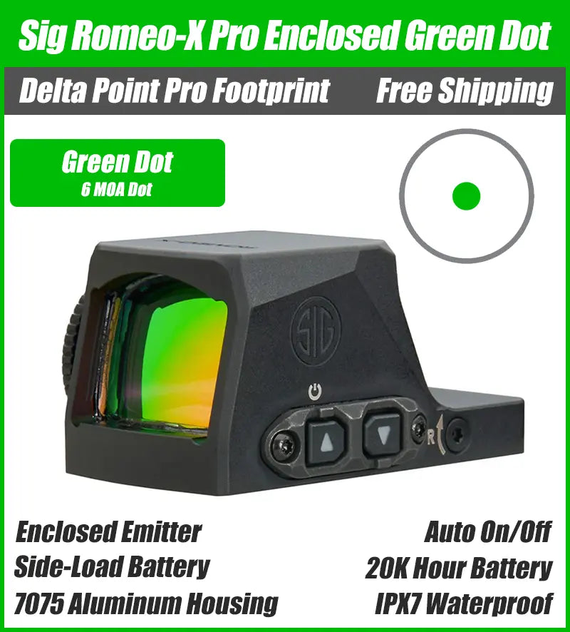 Sig Sauer Romeo X Pro Enclosed Green Dot, DPP Footprint, Enclosed Emitter, Black Housing, 3 MOA, 6 MOA, Circle Dot