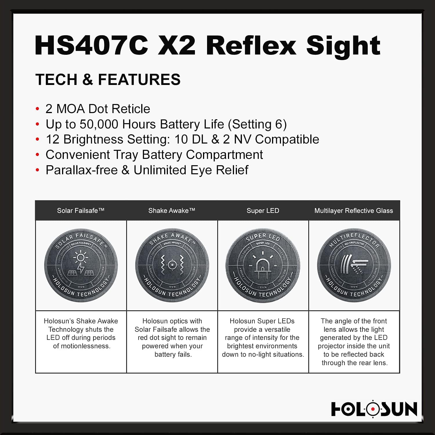 Holosun 407C X2, 2 MOA Red Dot, Side Battery, Solar Failsafe - HS407C-X2