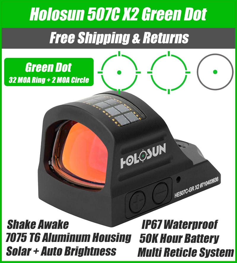 Holosun 507C Green X2, 32 MOA Ring & 2 MOA Green Dot, RMR Footprint, MRS Reticle, Side Battery, Solar Failsafe - HE507C-GR-X2