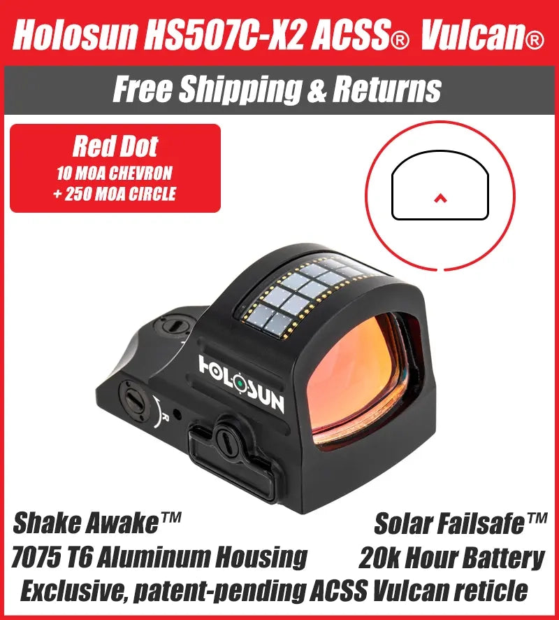 Holosun 507C X2 Red Dot ACSS Vulcan Reticle, RMR Footprint, Solar Failsafe - HS507C-X2-ACSS