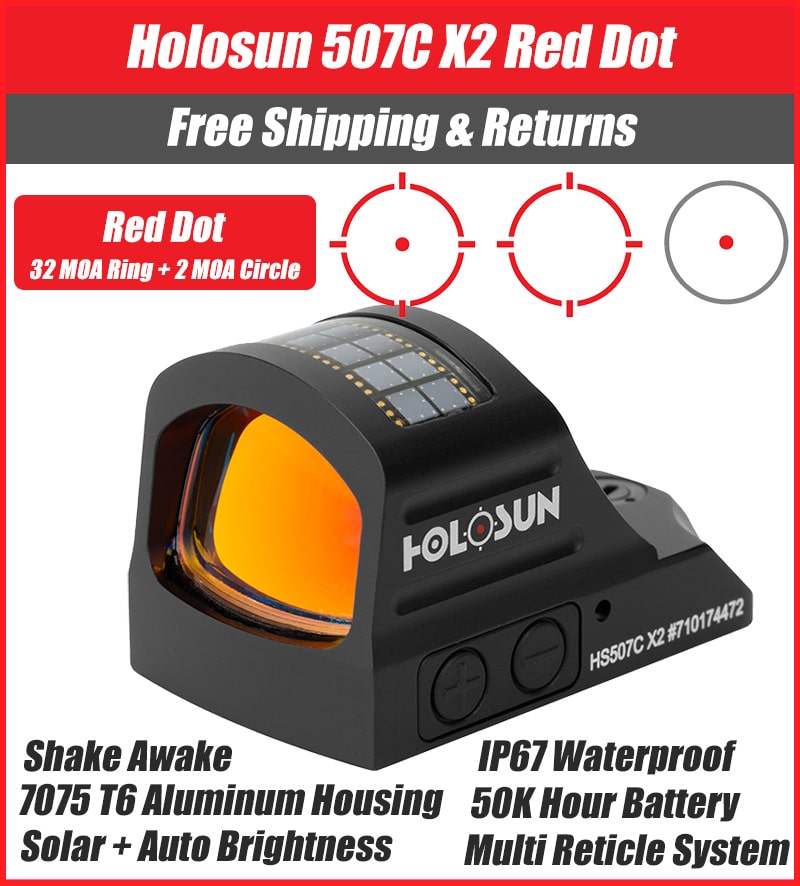 Holosun 507C X2, 32 MOA Ring & 2 MOA Red Dot, RMR Footprint, MRS Reticle, Side Battery, Solar Failsafe - HS507CX2