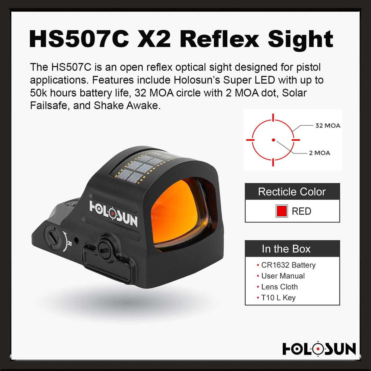 Holosun 507C X2, 32 MOA Ring & 2 MOA Red Dot, RMR Footprint, MRS Reticle, Side Battery, Solar Failsafe - HS507CX2