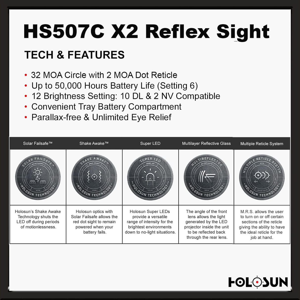 Holosun 507C X2, 32 MOA Ring & 2 MOA Red Dot, RMR Footprint, MRS Reticle, Side Battery, Solar Failsafe - HS507CX2