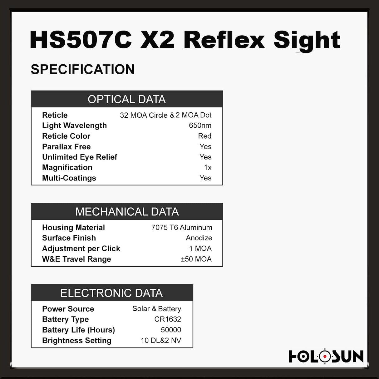 Holosun 507C X2, 32 MOA Ring & 2 MOA Red Dot, RMR Footprint, MRS Reticle, Side Battery, Solar Failsafe - HS507CX2