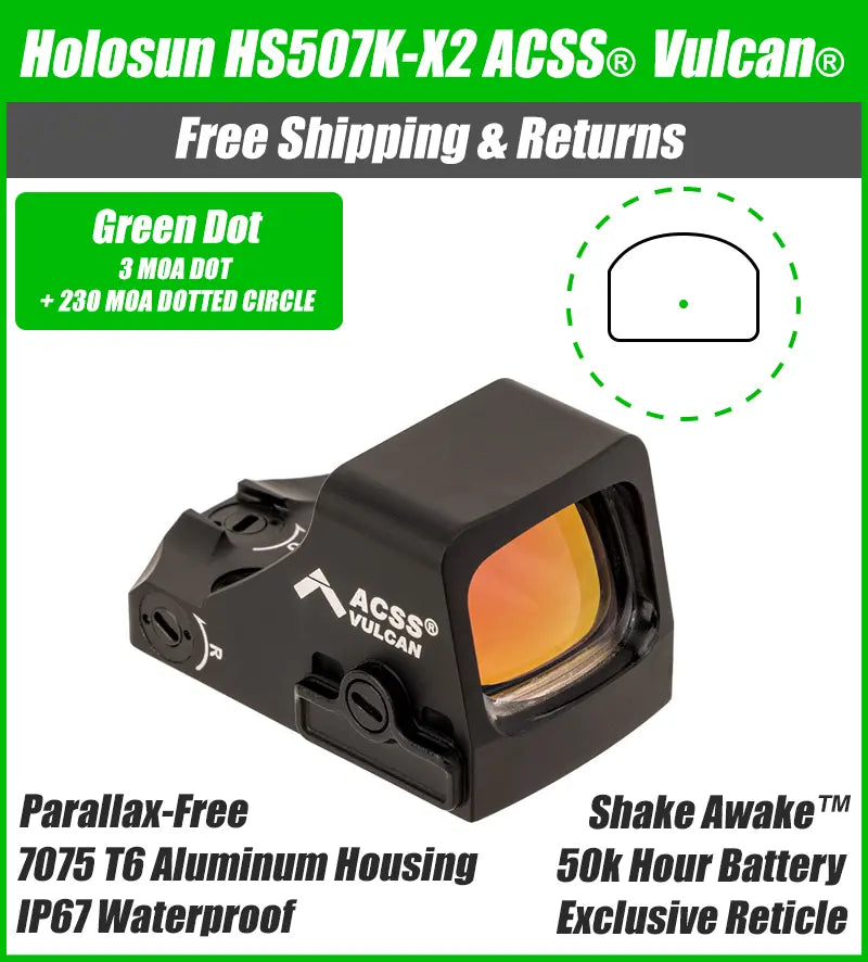 Holosun 507K X2 Green Dot ACSS Vulcan Reticle, K Series Footprint (Modified RMSc),- HE507K-GR-X2-ACSS