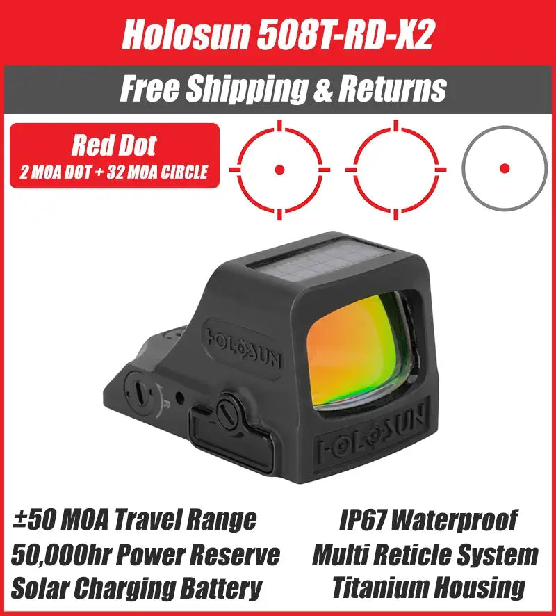 Holosun 508T X2 Red Dot, 32 MOA Ring & 2 MOA Dot, RMR Footprint, MRS Reticle, Side Battery, Solar Failsafe - HE508T-RD-X2