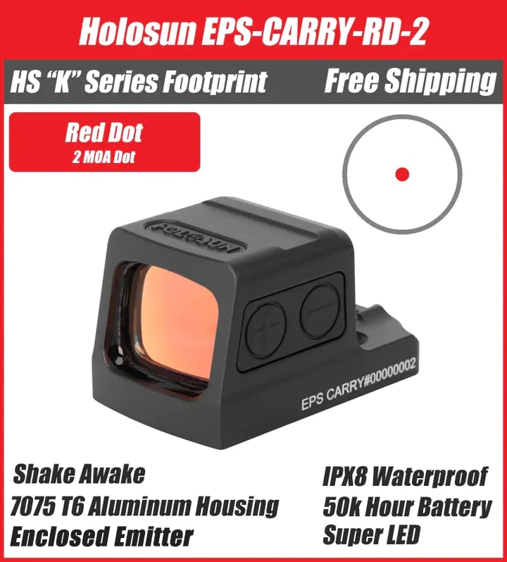 Holosun EPS Carry 2 MOA Red Dot, K Series Footprint (Modified RMSc), RMSc Adapter Plate Included, Side Battery - EPS-CARRY-RD-2