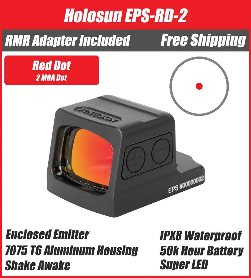 Holosun EPS Full Size 2 MOA Red Dot, Closed Emitter Sight, K Series Footprint (Modified RMSc), RMR Adapter Plate Included - EPS-RD-2