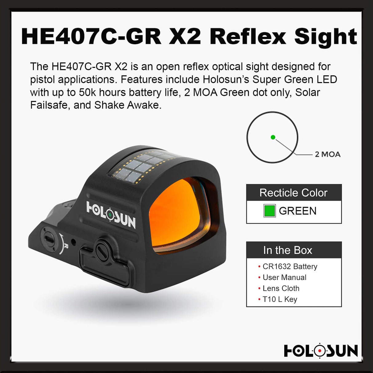 Holosun 407C X2 2 MOA Green Dot, RMR Footprint, Side Battery, Solar Failsafe - HE407C-GR-X2