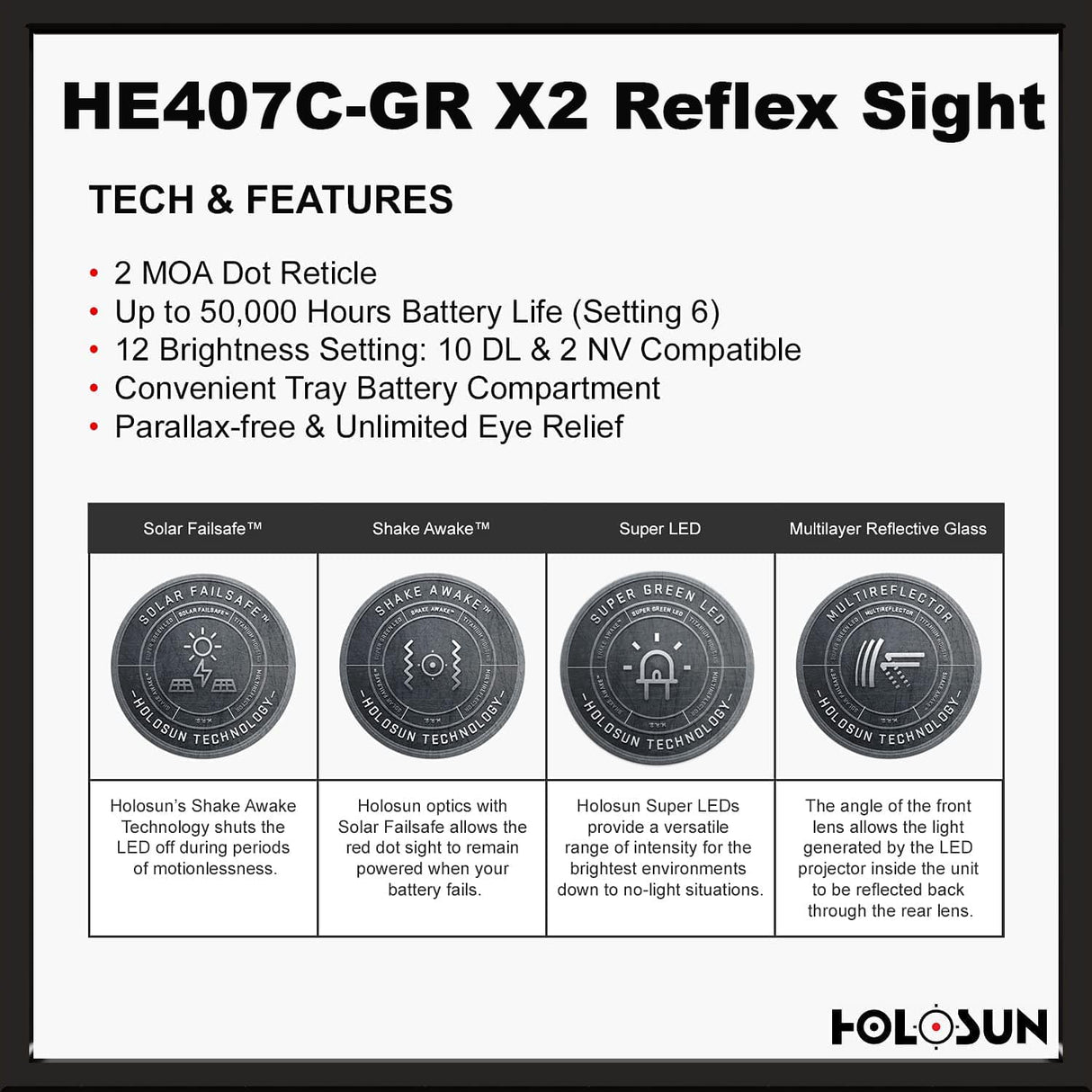 Holosun 407C X2 2 MOA Green Dot, RMR Footprint, Side Battery, Solar Failsafe - HE407C-GR-X2