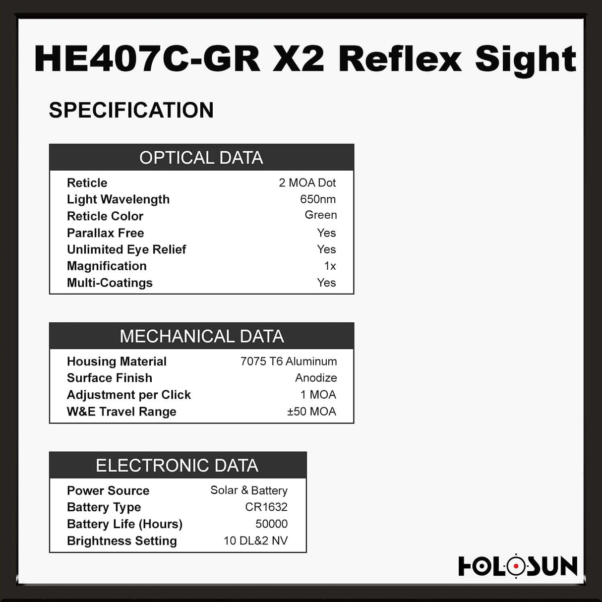 Holosun 407C X2 2 MOA Green Dot, RMR Footprint, Side Battery, Solar Failsafe - HE407C-GR-X2