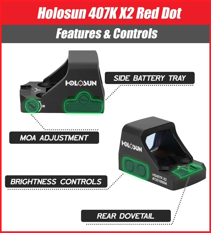 Holosun 407K X2 Red Dot, 6 MOA, K Series Footprint (Modified RMSc), Side Battery - HS407K-X2