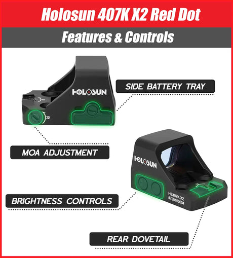 Holosun 407K X2 Red Dot, 6 MOA, K Series Footprint (Modified RMSc), Side Battery - HS407K-X2