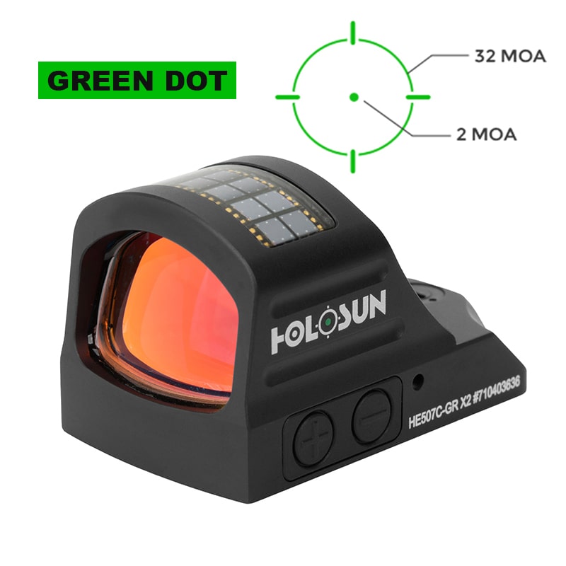 Holosun 507C Green X2, 32 MOA Ring & 2 MOA Green Dot, RMR Footprint, MRS Reticle, Side Battery, Solar Failsafe - HE507C-GR-X2