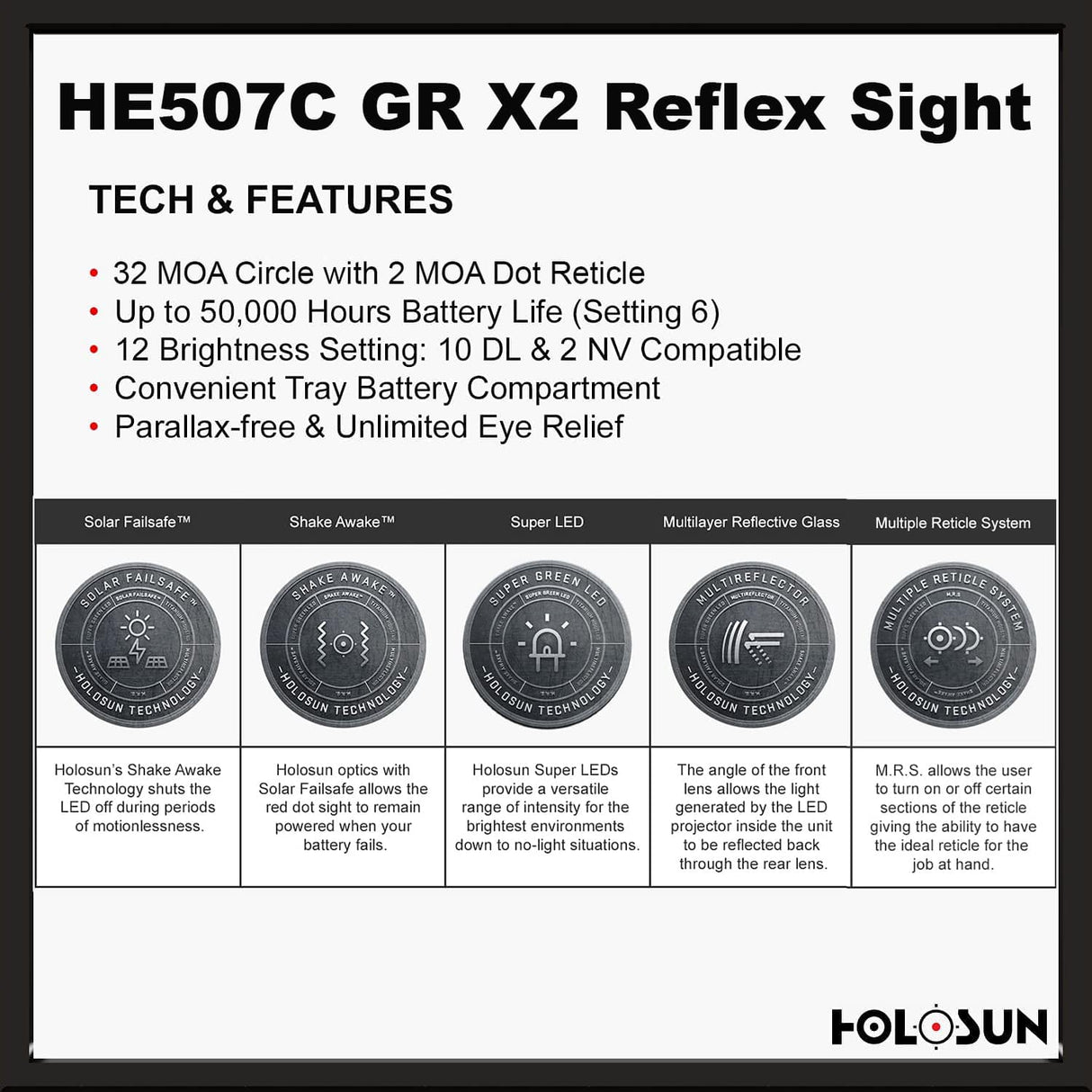Holosun 507C Green X2, 32 MOA Ring & 2 MOA Green Dot, RMR Footprint, MRS Reticle, Side Battery, Solar Failsafe - HE507C-GR-X2