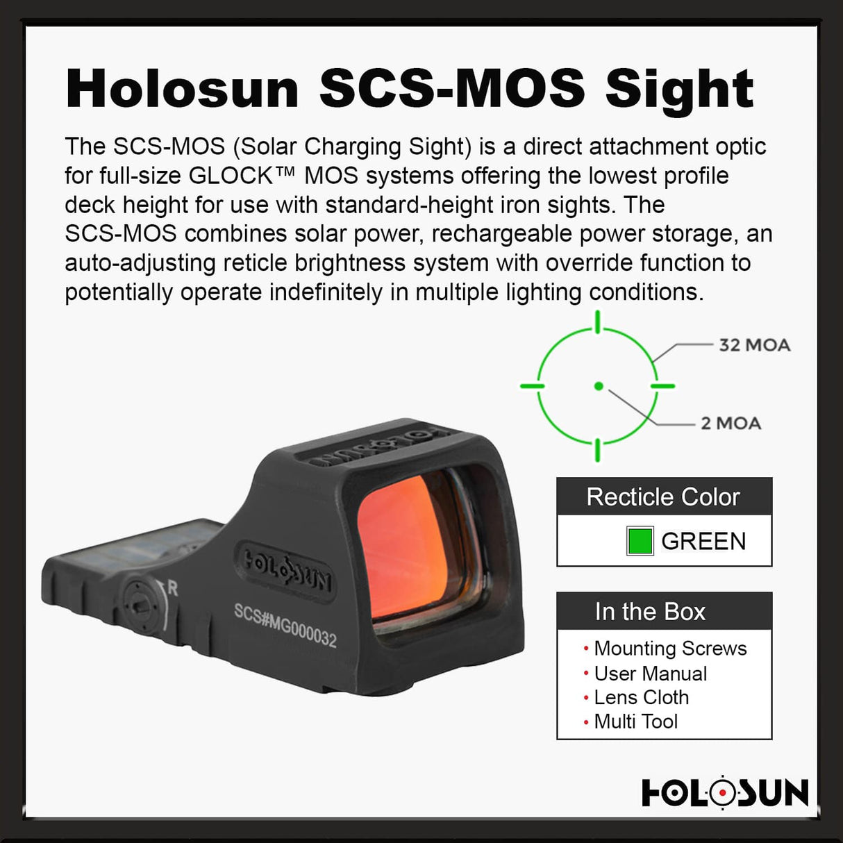 Holosun SCS MOS Green Dot Sight, MRS Reticle, Fits Glock MOS Slides (Not 43X/48), Solar Recharging Battery, Grade 5 Titanium Housing- SCS-M-GR