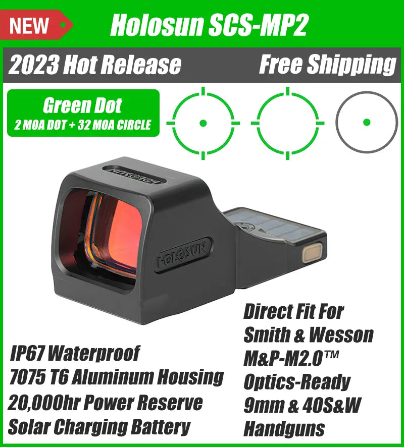 Holosun SCS MP2 Green Dot, MRS Reticle, Fits S&W M&P 2.0 Fullsize/Compact Slide with Core 2.0 Optic Cut, Solar Recharging Battery - SCS-MP2-GR
