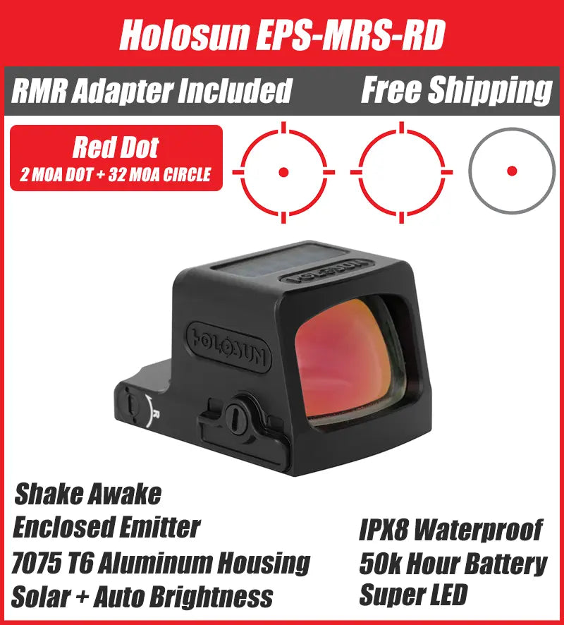 Holosun EPS Full Size MRS Red Dot, 32 MOA Circle 2 MOA Red Dot, Solar Failsafe, Enclosed Emitter, MRS Reticle, K Series Footprint (Modified RMSc), RMR Adapter Plate Included - EPS-RD-MRS