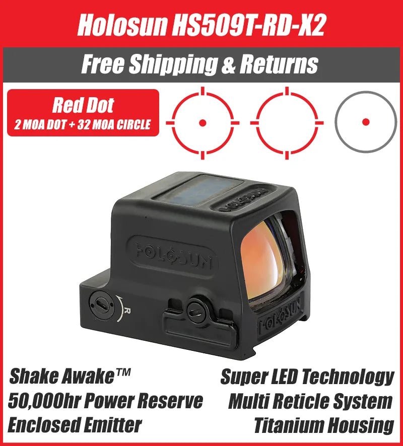 Holosun 509T X2, Red Dot, MRS Reticle, Closed Emitter, Titanium, Solar Failsafe, RMR Footprint - HE509T-RD-X2