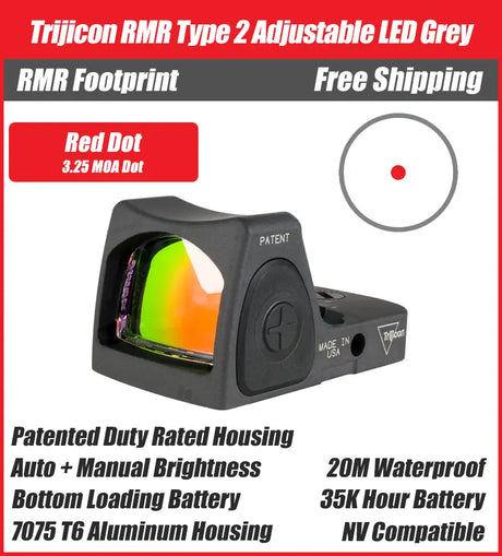 Trijicon RMR Type 2 Adjustable LED Red Dot Sight Grey - 7075 T6 Aluminum - Available in 1, 3.25, and 6.5 MOA Versions