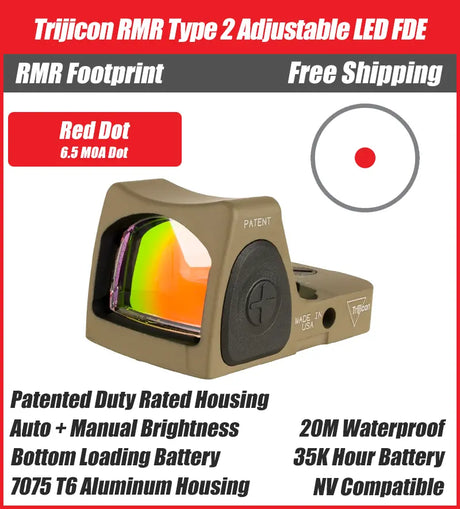 Trijicon RMR Type 2 Adjustable LED Red Dot Sight FDE - 7075 T6 Aluminum - Available in 1, 3.25, and 6.5 MOA Versions
