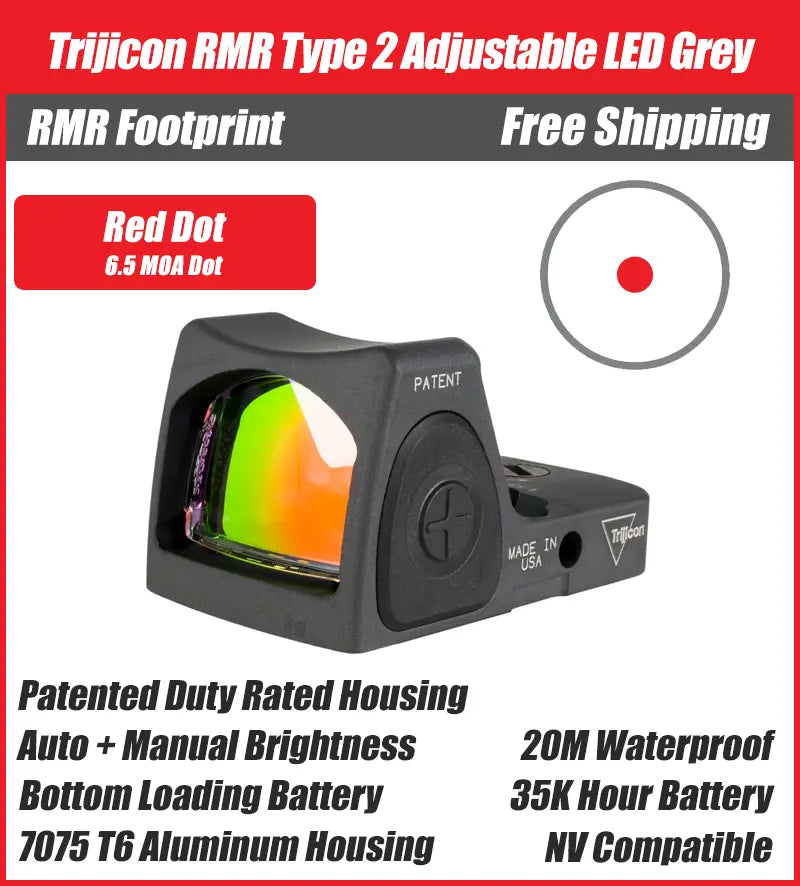 Trijicon RMR Type 2 Adjustable LED Red Dot Sight Grey - 7075 T6 Aluminum - Available in 1, 3.25, and 6.5 MOA Versions