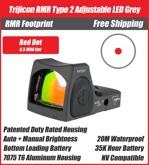 Trijicon RMR Type 2 Adjustable LED Red Dot Sight Grey - 7075 T6 Aluminum - Available in 1, 3.25, and 6.5 MOA Versions
