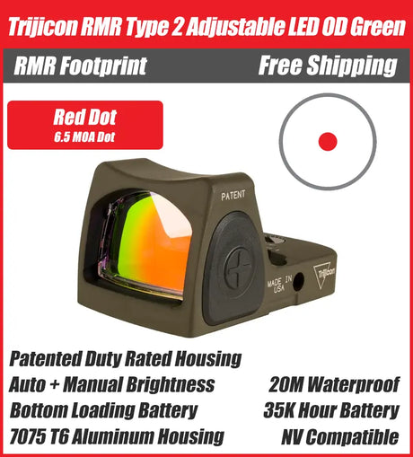 Trijicon RMR Type 2 Adjustable LED Red Dot Sight OD Green - 7075 T6 Aluminum - Available in 1, 3.25, and 6.5 MOA Versions