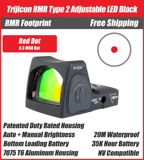 Trijicon RMR Type 2 Adjustable LED Red Dot Sight Black - 7075 T6 Aluminum - Available in 1, 3.25, and 6.5 MOA Versions