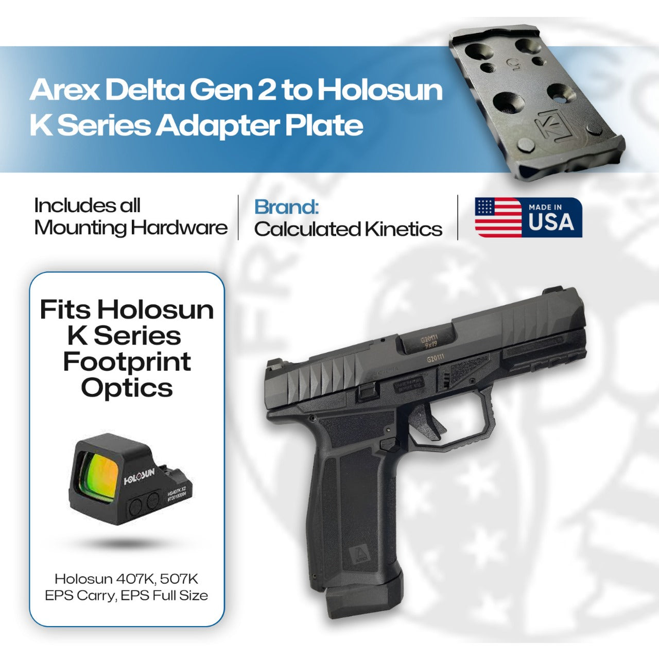 Arex Delta Gen 2 to Holosun 407K/507K/EPS/EPS Carry Adapter Plate - Aluminum - Calculated Kinetics