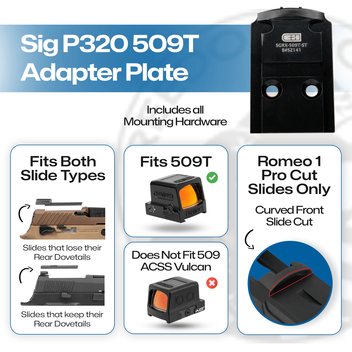 Sig P320 Romeo 1 Pro Slide with or without Rear Dovetail Sights Attached to Holosun 509T Adapter Plate - CHPWS - SGRX-509T-ST