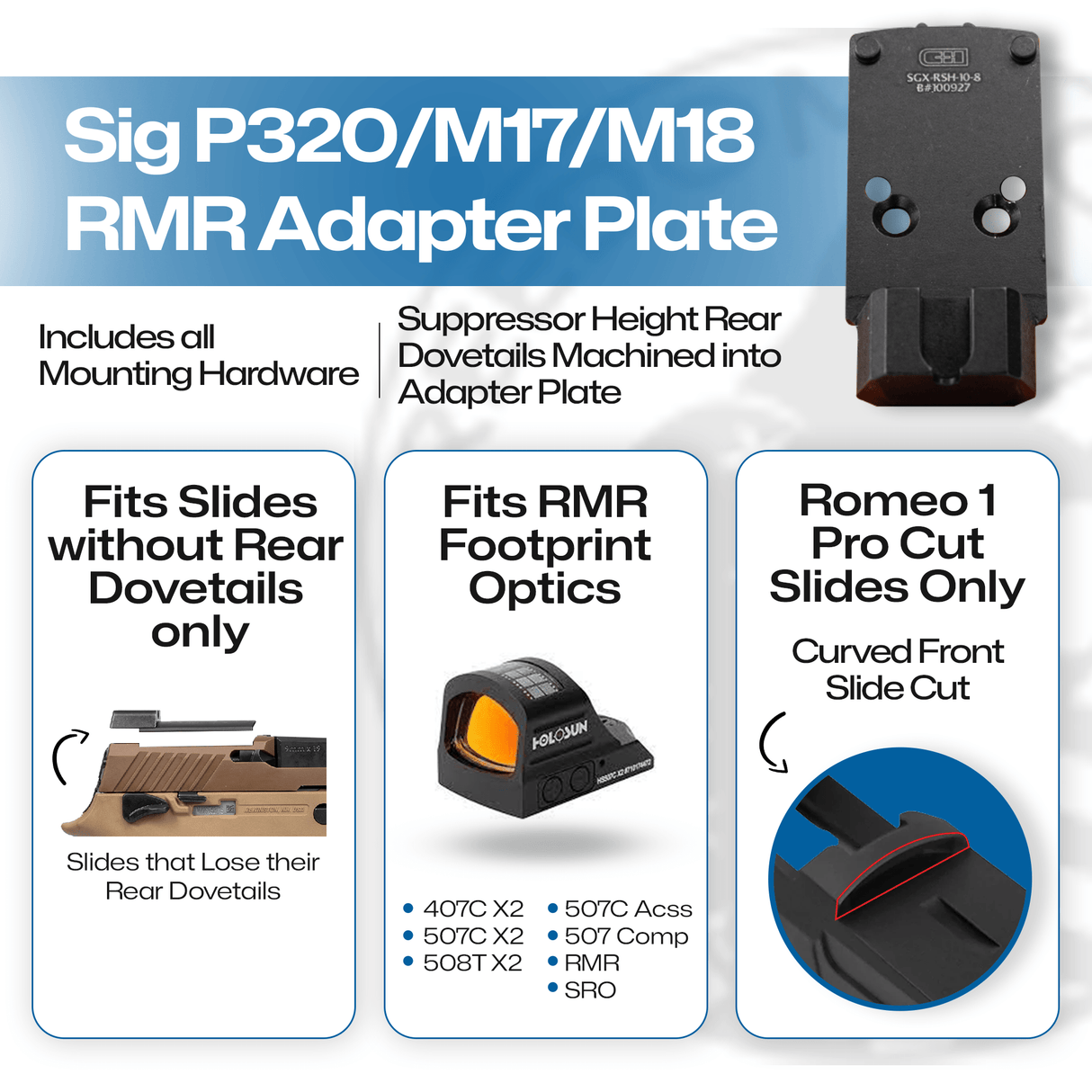 Sig P320 Filler Plate for Romeo 1 Pro Slides that don't have Rear Dovetail Sights Attached to slide - CHPWS - SGX-RSH-10-8