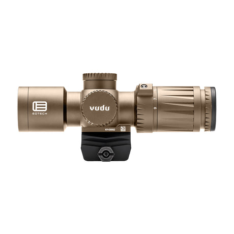 EOTech Vudu 3-9x32 SFP precision rifle scope in tan with illuminated MR5 MOA reticle and compact shorty design.
