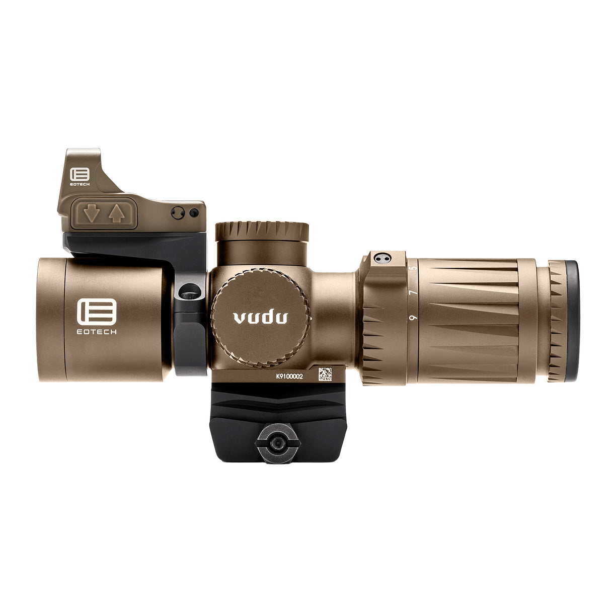 EOTech Vudu 3-9x32 SFP Rifle Scope in Tan with MR5 Illuminated MOA Reticle and EFLX 3 MOA Red Dot Sight.
