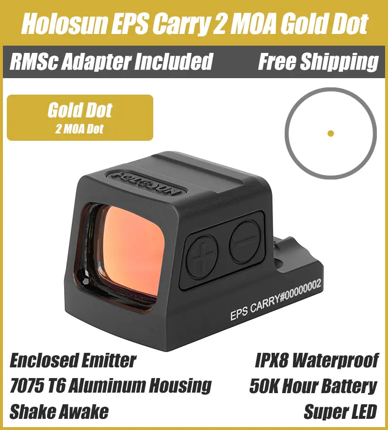 Holosun EPS Carry 2 MOA Gold Dot, K Series Footprint (Modified RMSc), RMSc Adapter Plate Included, Side Battery - EPS-CARRY-GD-2