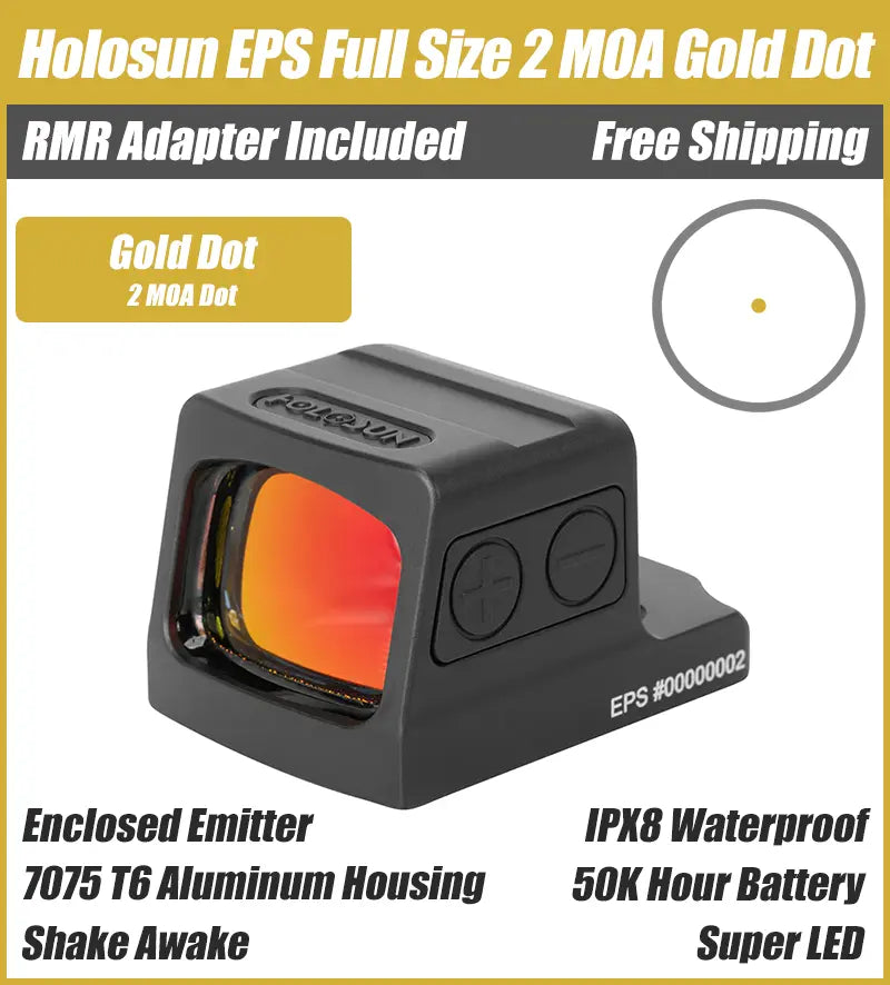 Holosun EPS Full Size 2 MOA Gold Dot, Closed Emitter Sight,  K Series Footprint (Modified RMSc), RMR Adapter Plate Included - EPS-GD-2