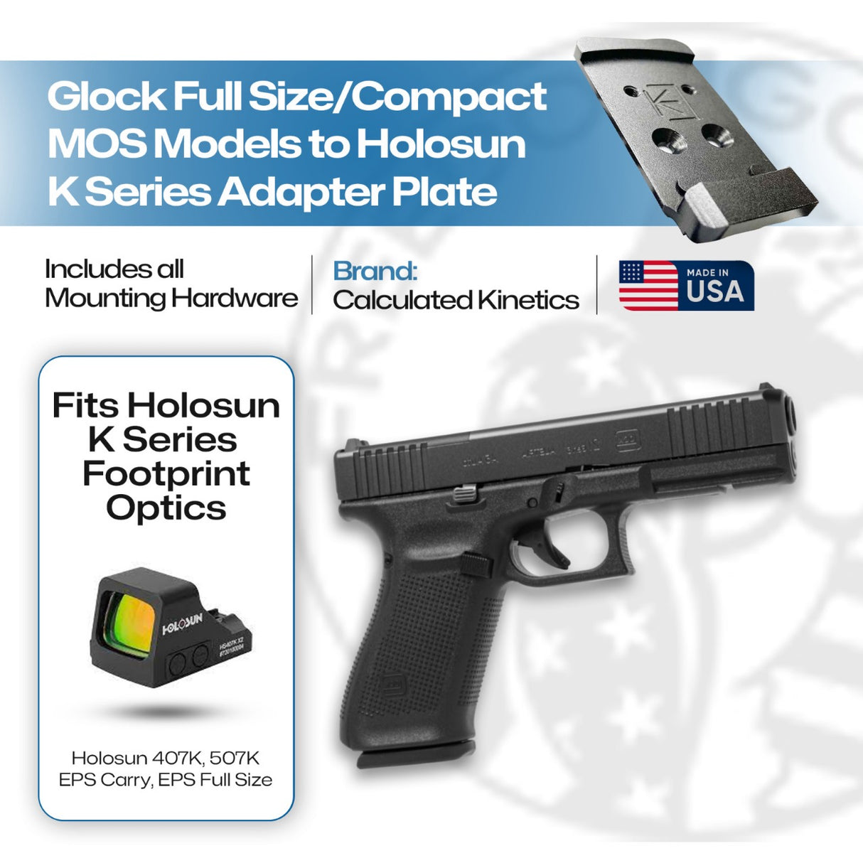 Glock MOS Full Size/Compact to Holosun 407K/507K/EPS/EPS Carry Adapter Plate - DOGTAG - Aluminum - Calculated Kinetics - (Does not fit 10MM)