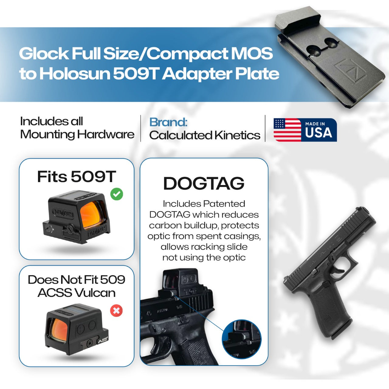 Glock MOS Full Size/Compact to Holosun 509T Adapter Plate - DOGTAG - Aluminum - Calculated Kinetics - (Does not fit 10MM)