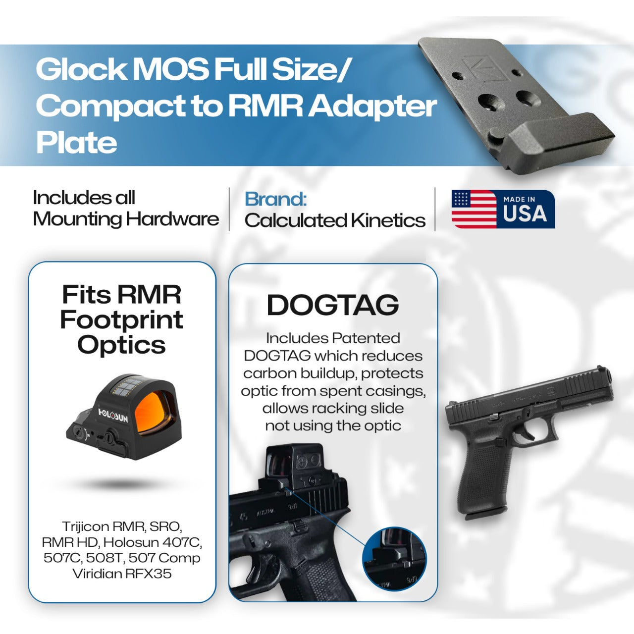 Glock MOS Full Size/Compact to RMR Adapter Plate - DOGTAG - Aluminum - Calculated Kinetics - (Does not fit 10MM)