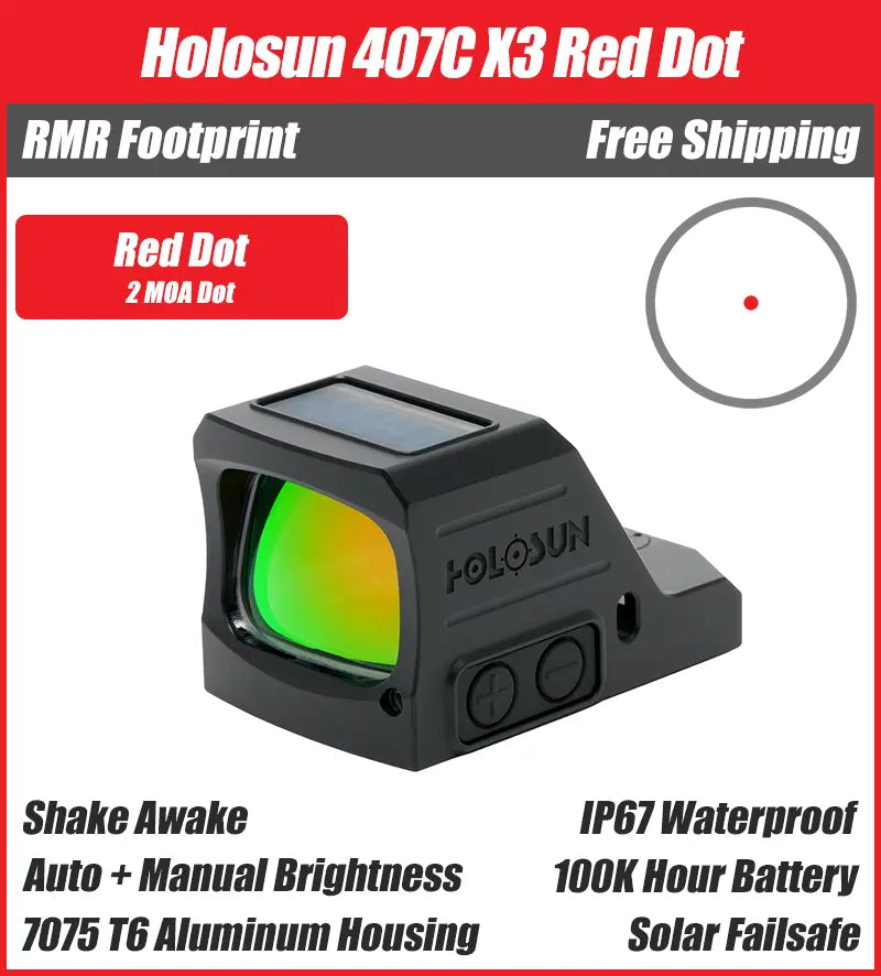 Holosun 407C X3, 2 MOA Red Dot, RMR Footprint, Side Battery, Solar Failsafe - 407C-X3-RD