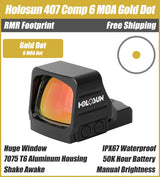Holosun 407 COMP Gold, Huge Competition Window, RMR Footprint, 6 MOA Red Dot, Side Battery - HE407COMP-GD6