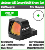 Holosun 407 COMP Green, Huge Competition Window, RMR Footprint, 6 MOA Red Dot, Side Battery - HE407COMP-GR6