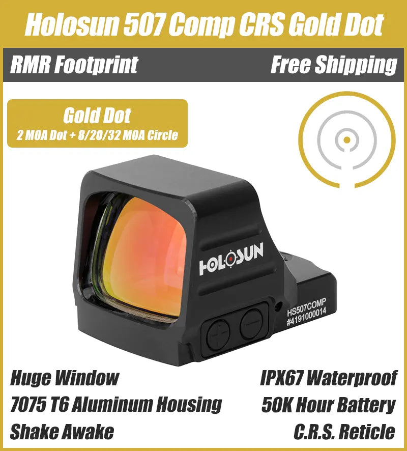 Holosun 507 COMP Gold, Huge Competition Window, RMR Footprint, C.R.S. Reticle 8/20/32 MOA Circle & 2 MOA Red Dot, Side Battery - HS507COMP-GD