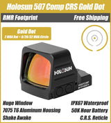 Holosun 507 COMP Gold, Huge Competition Window, RMR Footprint, C.R.S. Reticle 8/20/32 MOA Circle & 2 MOA Red Dot, Side Battery - HS507COMP-GD