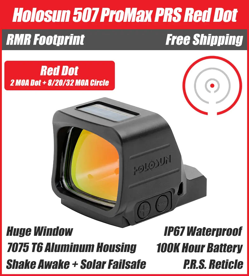 Holosun 507-PROMAX Red Dot, Large Competition Window, RMR Footprint, PRS Reticle, Side Battery, Solar Failsafe - 507-PRO-MAX-RD-PRS