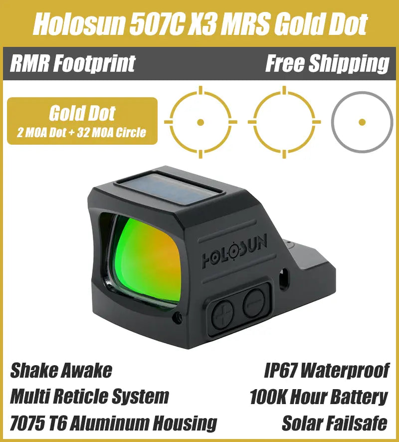 Holosun 507C X3, 32 MOA Ring & 2 MOA Gold Dot, RMR Footprint, MRS Reticle, Side Battery, Solar Failsafe - 507C-X3-GD-MRS