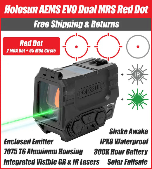 Holosun AEMS EVO Dual Red Dot with Green & IR Laser, MRS Reticle, Solar Failsafe, Shake Awake, NV Compatible – AEMS-EVO-DUAL