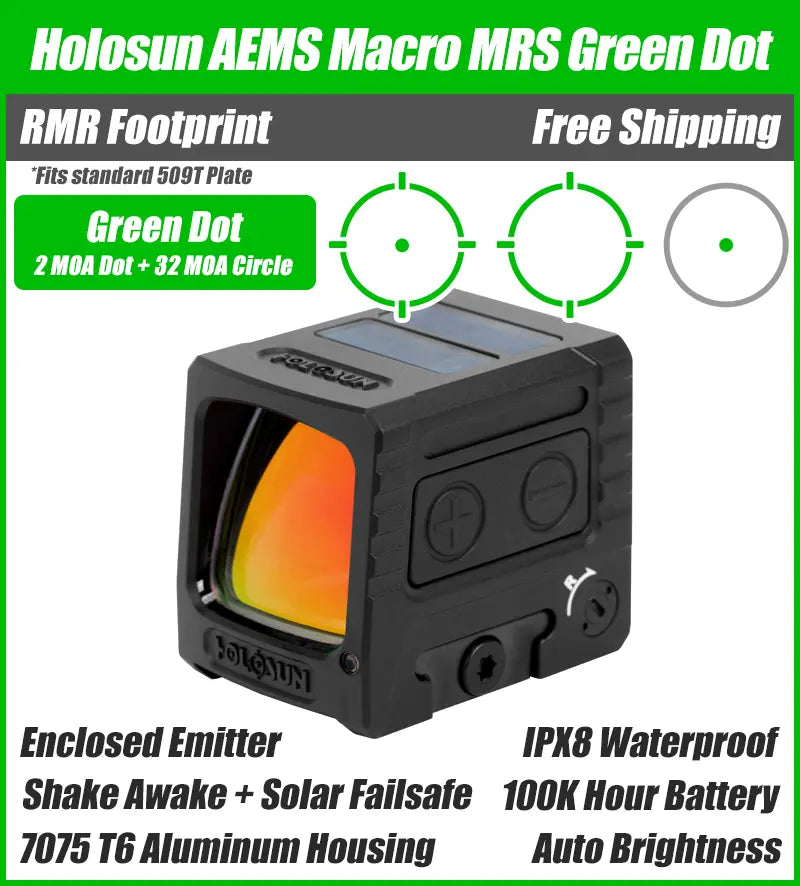 Holosun AEMS-MACRO, Enclosed Pistol Green Dot Sight, RMR/509T Footprint, Solar Failsafe - AEMS-MACRO-GR