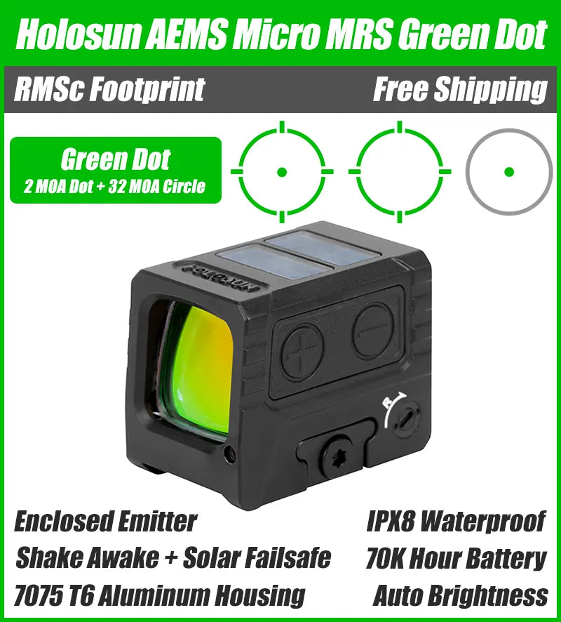 Holosun AEMS-MICRO, Enclosed Pistol Green Dot Sight, RMSc Footprint, Solar Failsafe - AEMS-MICRO-GR