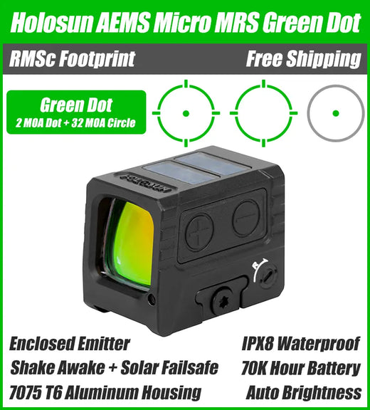Holosun AEMS-MICRO, Enclosed Pistol Green Dot Sight, RMSc Footprint, Solar Failsafe - AEMS-MICRO-GR